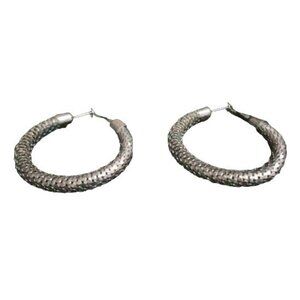 Black Chained Hoop Earrings Metal Retro Chic 1.25" Diameter